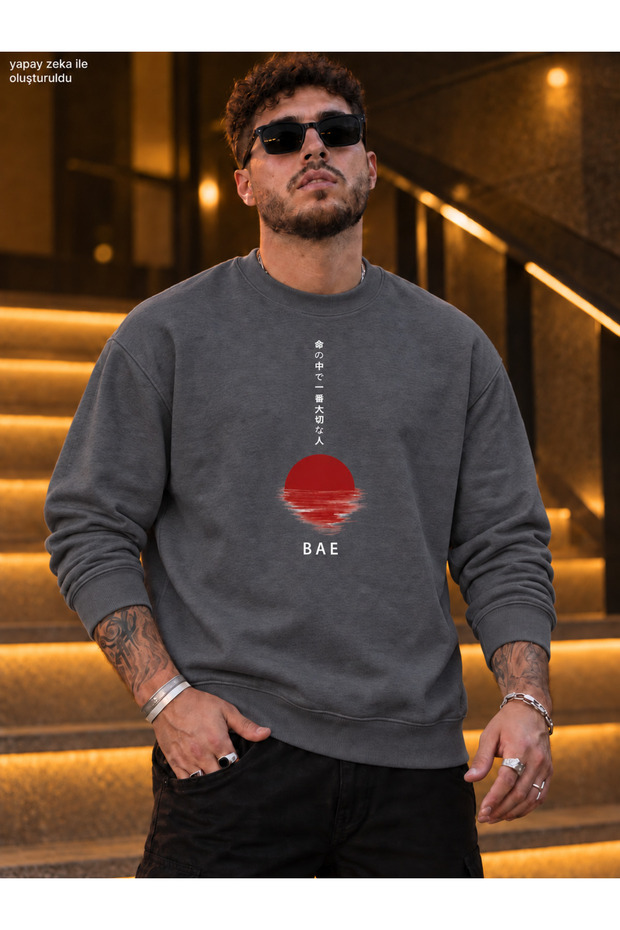 Men's Japanese Style Vertical Calligraphy Crew Neck Casual Regular Fit Sweatshirt