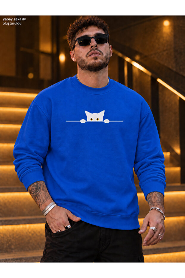Men's Yellow-Eyed Black Cat Figured Crew Neck Casual Regular Fit Sweatshirt
