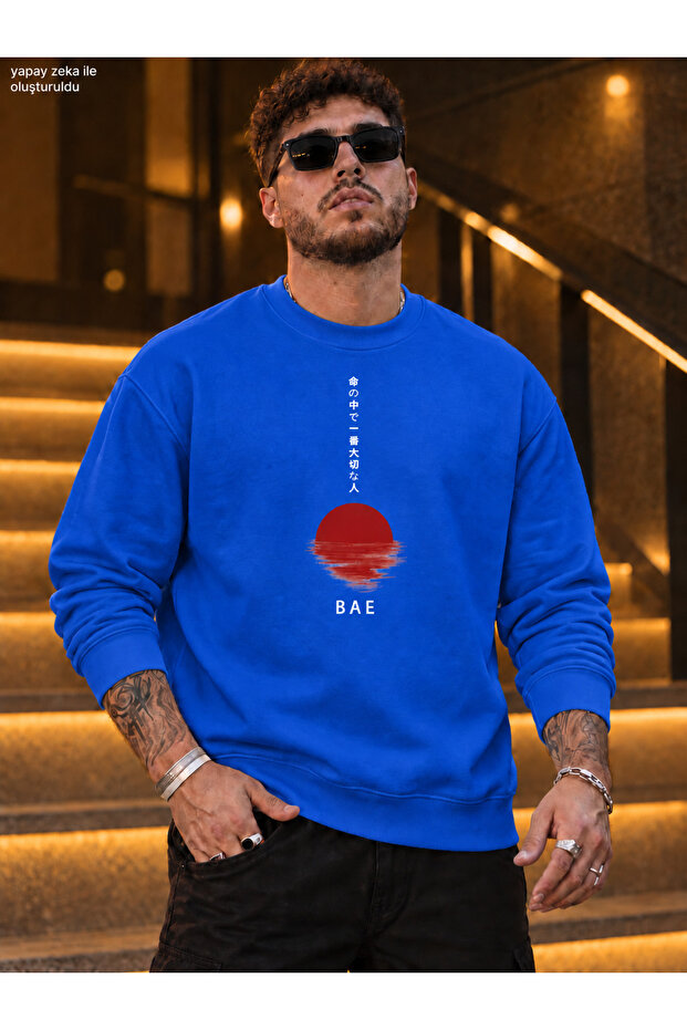 Men's Japanese Style Vertical Calligraphy Crew Neck Casual Regular Fit Sweatshirt