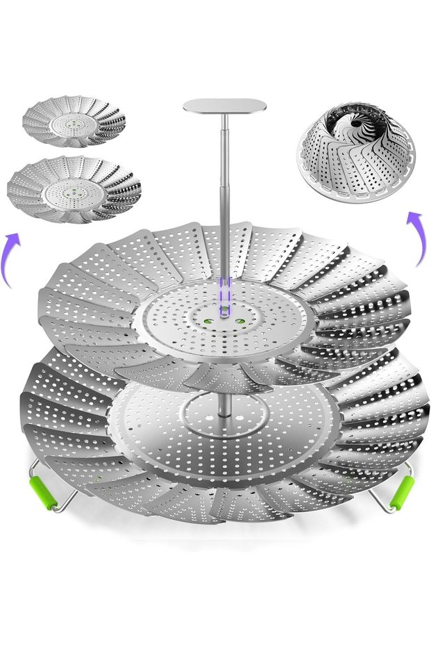 Double Layer Stainless Steel Steamer Basket,2-in-1 Expandable Vegetable Steamer Insert,Adjustable 5.4-11 Inches