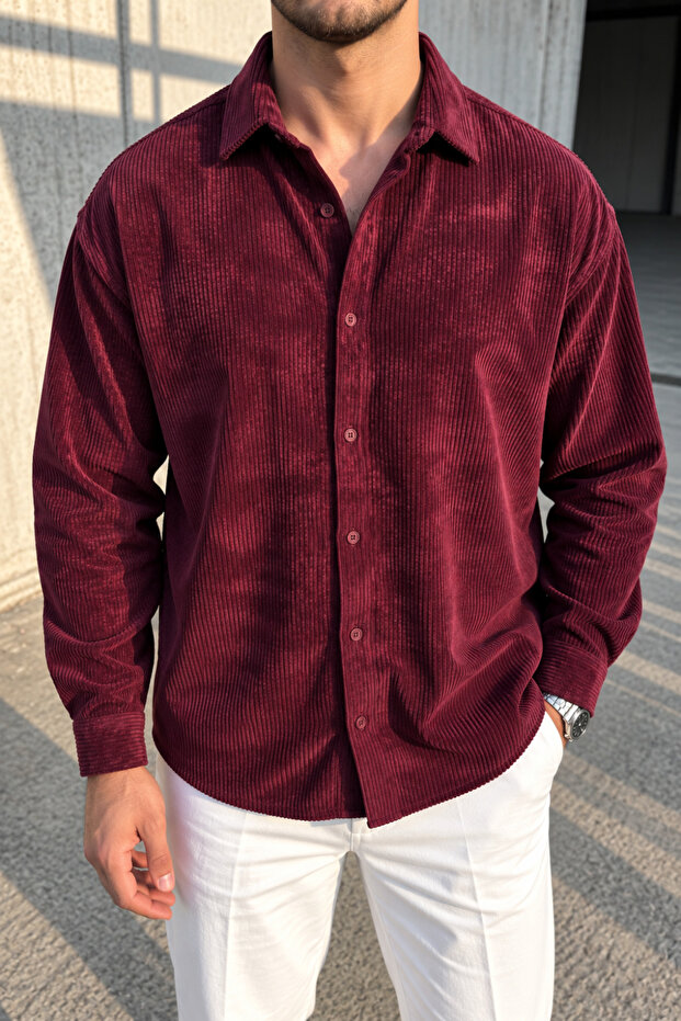 Men's Regular Fit Corduroy Long Sleeve Shirt - Burgundy