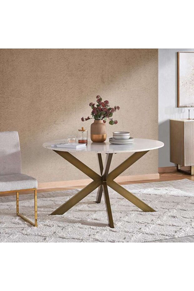 Faroe 6 Seater Dining Table Round Marble - White & Antique Brass