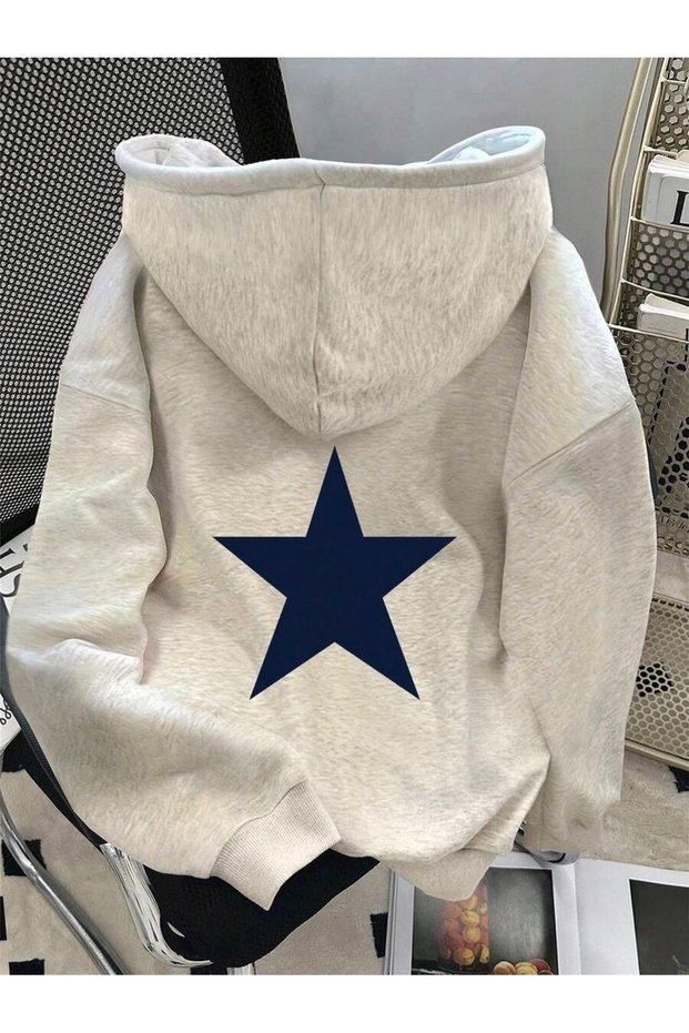 Unisex Gray Star Black Back Printed Hooded Sweatshirt Printed Premium Oversize T-Shirt