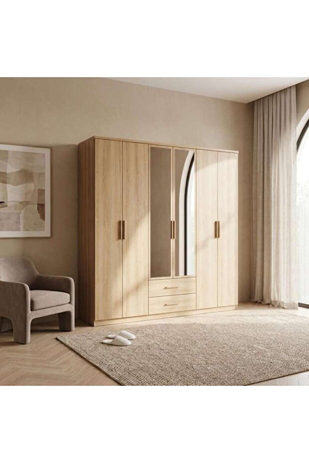 Grimsby 6 Door Wardrobe 2 Drawers With Mirror Engineered Wood - Walnut