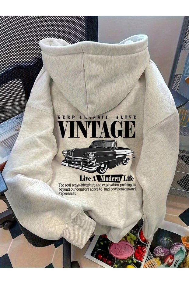 Unisex Gray Vintage Car Back Print Hooded Sweatshirt Printed Premium Oversize T-Shirt