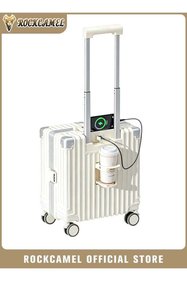 18 Inch Aluminum Frame Carry-On Luggage, Thickened PC Portable Suitcase, Built-in Cup Hold