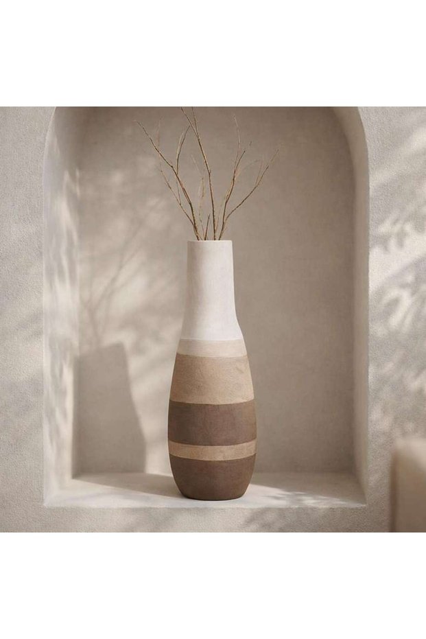 Julie Stoneware Organic Striped Tall Desert Vase 18x18x44.5cm - Brown