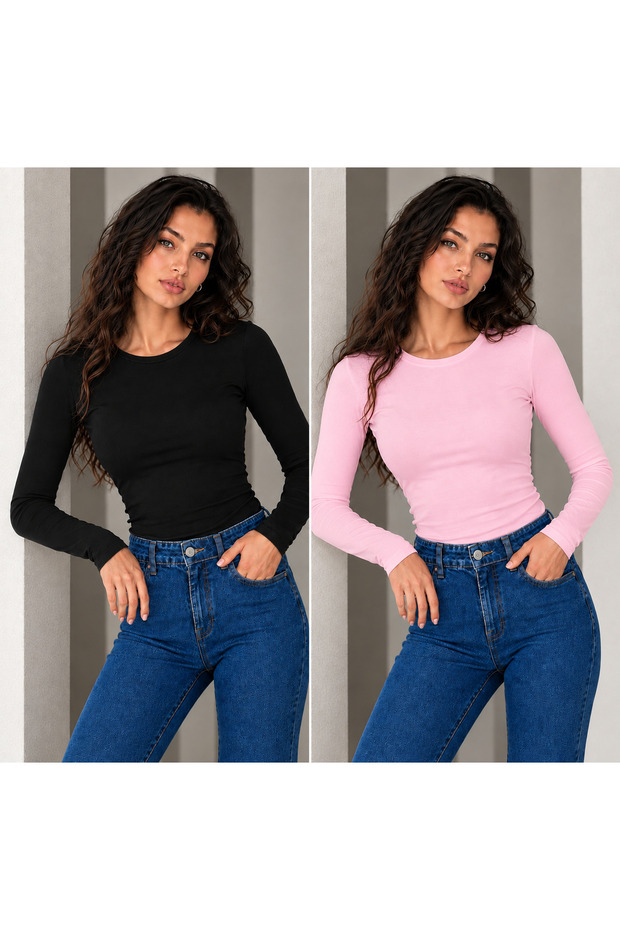 Women's 2-Piece Ultra Soft Flexible Crew Neck Basic Blouse