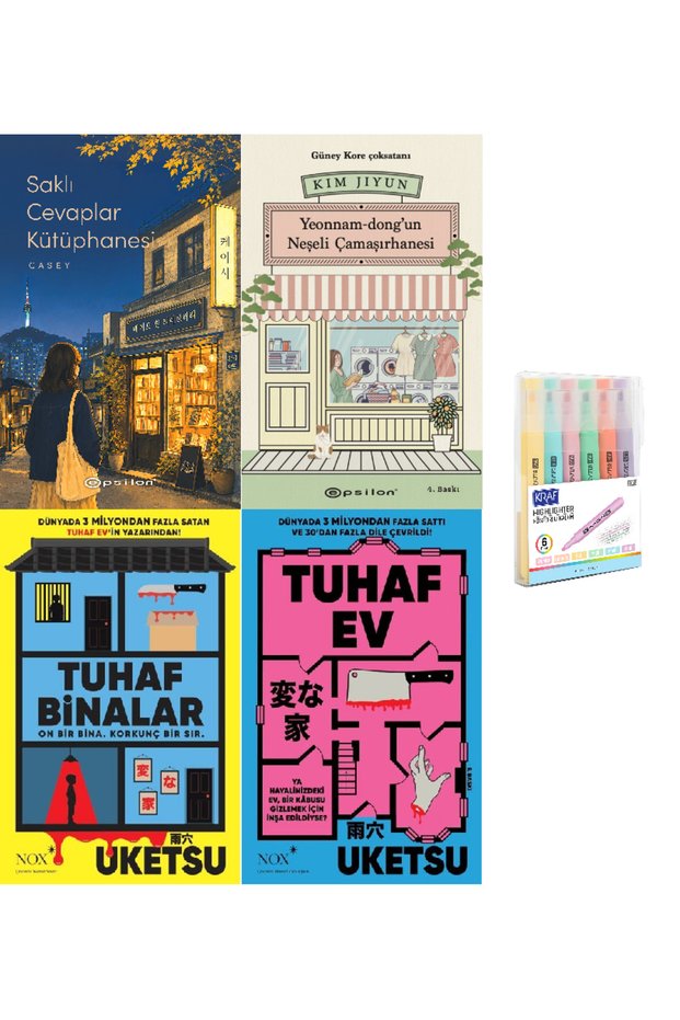 Saklı Cevaplar Kütüphanesi + Yeonnam-dongun Neşeli Çamaşırhanesi + Tuhaf Ev + Tuhaf Binalar 4 Book Set Pencil Set Hd
