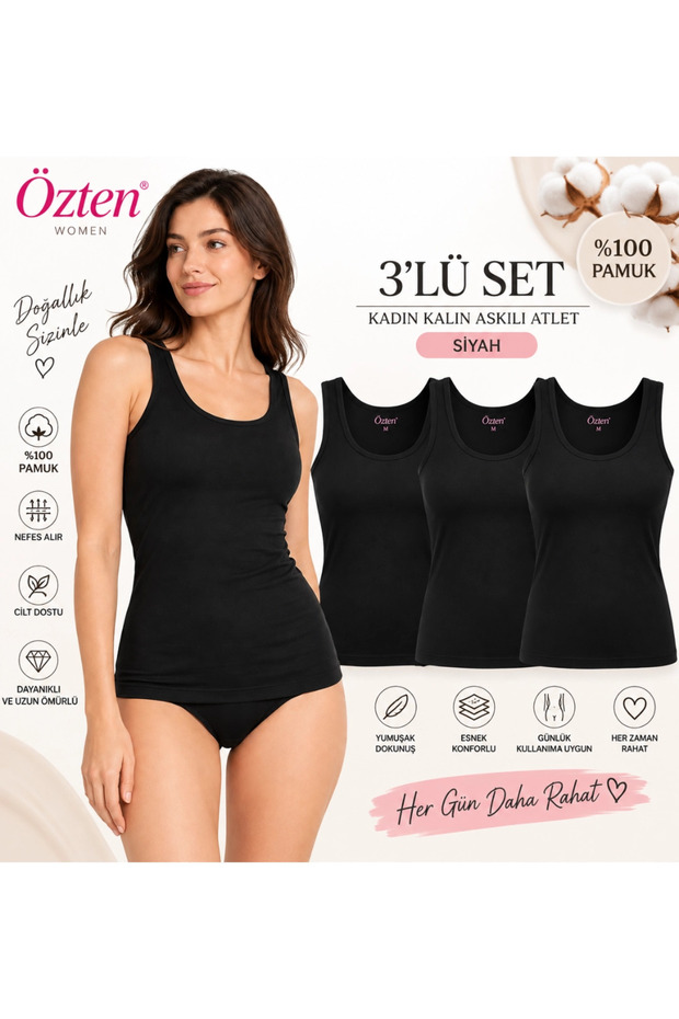 Özten Women's Wide Strap Ribbed 100% Cotton Undershirt 3-Pack