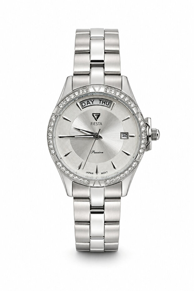 Women's Stone Day-Date Display Metal Strap Wristwatch with 2 Year Warranty