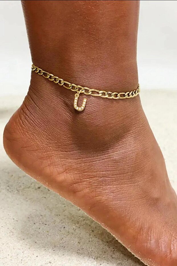Stone-Encutured Letter Anklet U
