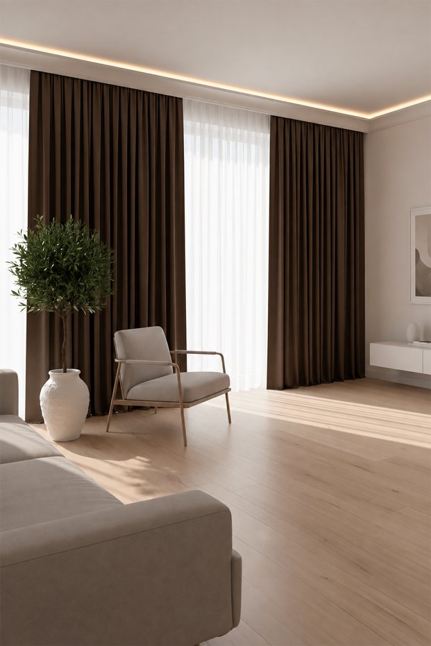 Modern Series Plain Pleated Velvet Textured Background Curtain Chestnut Brown