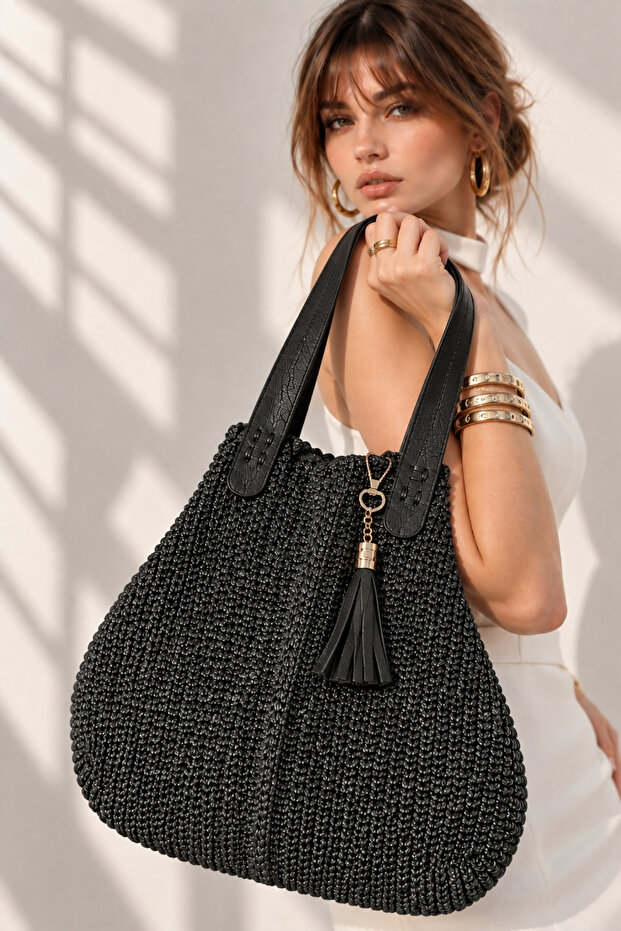 Women's Anthracite Hand-Knitted Leather Handle Tassel Detailed Large Size Shoulder and Shoulder Bag