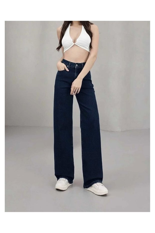 Women's Navy Blue Lycra Super High Waist Loose Jeans Palazzo Trousers