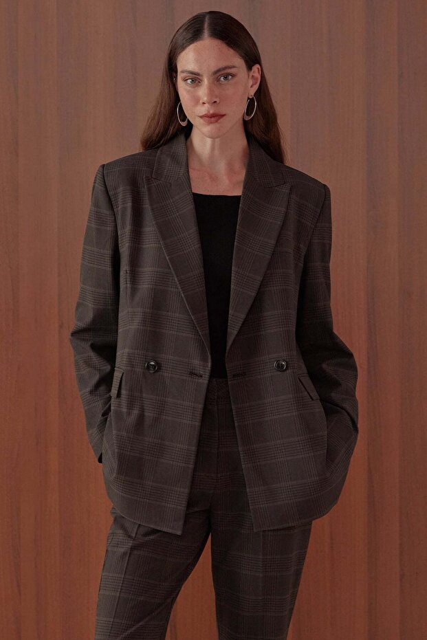 Women's Plaid Patterned Blazer Jacket