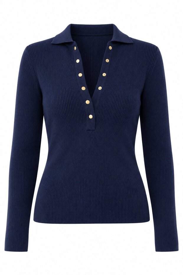 Navy Blue Long Sleeve Snap Fastener Knitwear - 251172