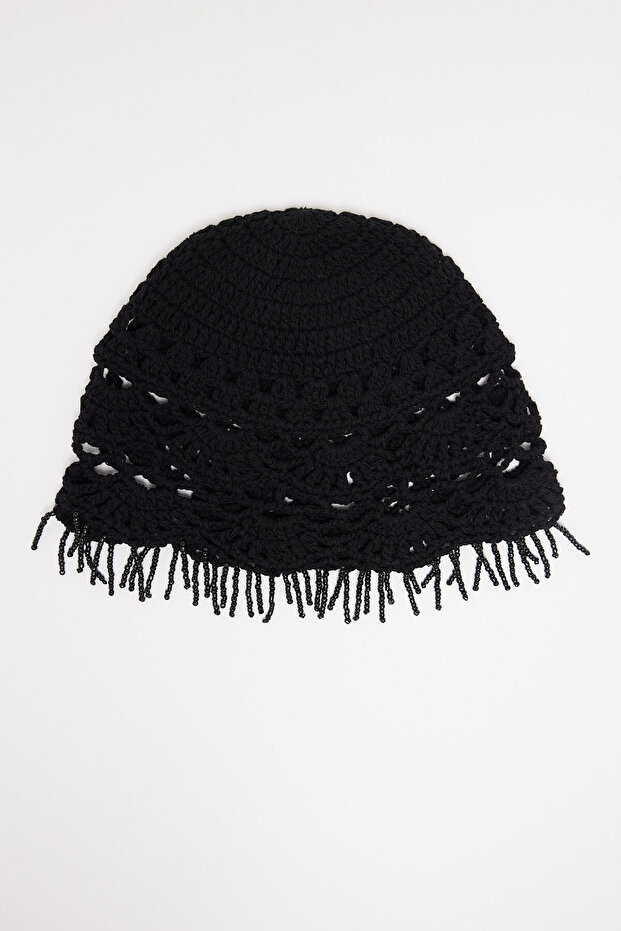 Black Fringed Stoned Mesh Bandana Hat Beanie 19073