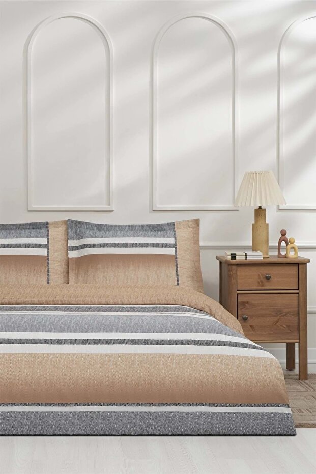 Ranforce -Listrado Orange- Single Duvet Cover Set with Elastic Sheet