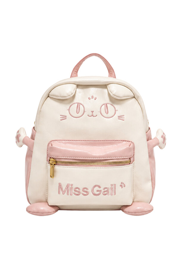 Miss Gail Cat Design Backpack features a playful cream-and-pink color combination with an embroidered cat face, soft 3D ear details, paw-style side accents and matching pink trim. The roomy main compa
