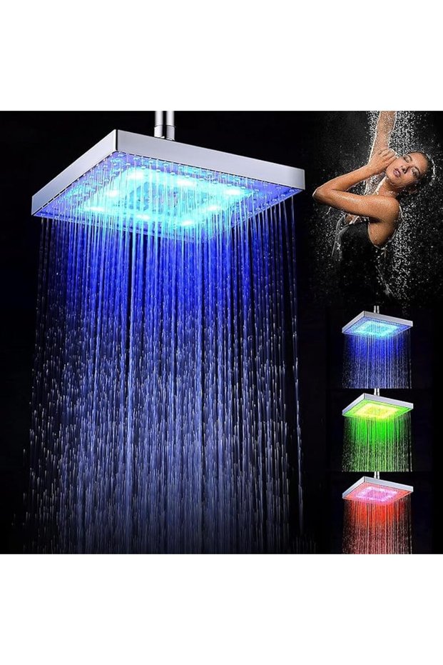 رأس دش مربع 8 بوصات مع إضاءة LED، قابل للتثبيت على الحائط والسقف، مع تحكم ثابت في درجة الحرارة