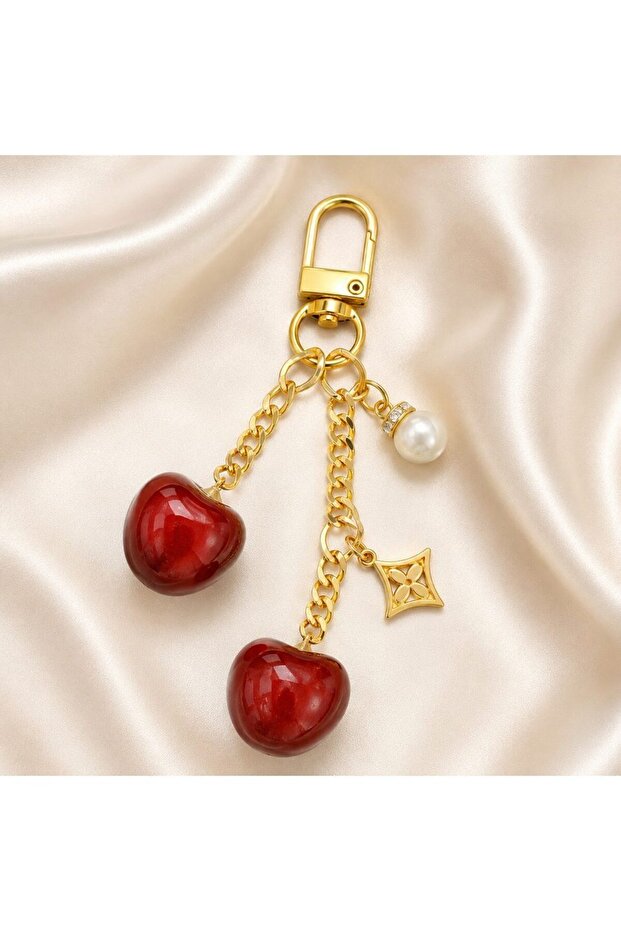 Cherry and Pearl Pendant Gold Color Keychain and Bag Charm