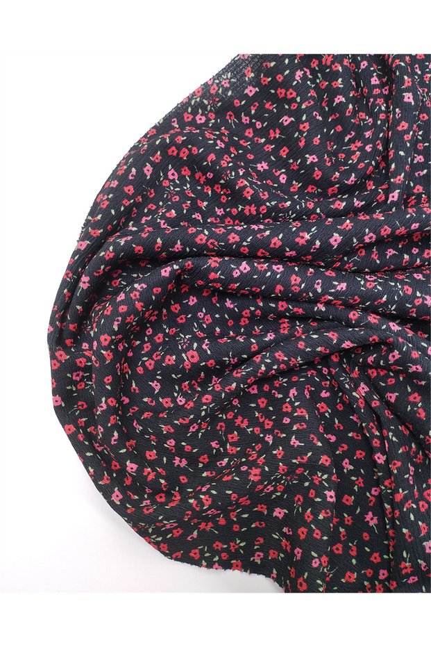 Black with Red, Pink, Green Flowers, Thin Soft Crinkled Jersey Fabric for Dresses & Blouses 135X
