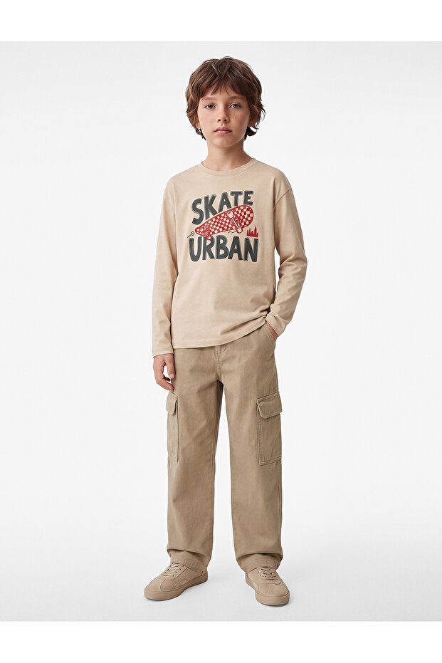 Skateboard Printed Crew Neck Long Sleeve Cotton T-Shirt