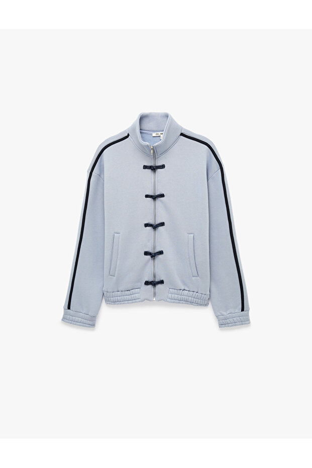 Comfortable Fit High Collar Zippered Frog Closure Buttoned Long Sleeve Sweatshirt