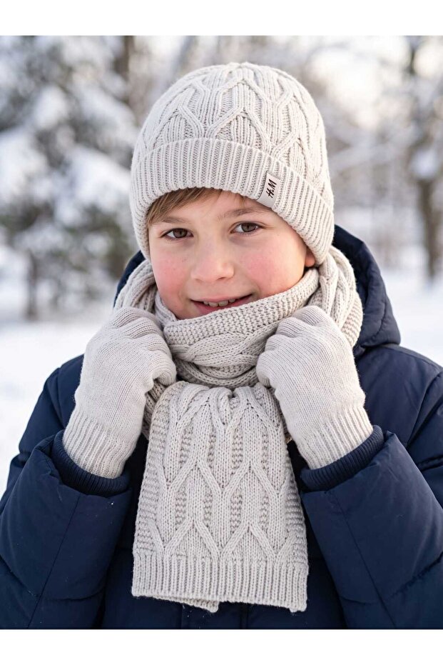 Kitti 9-15 Years Old Boys' Lined Scarf, Beanie, Gloves 3-Piece Set