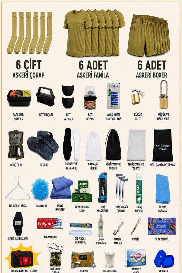 65 Piece Fully Equipped 6-Piece Military Set (with Carrying Bag as a Gift) - Beginner Soldier Package