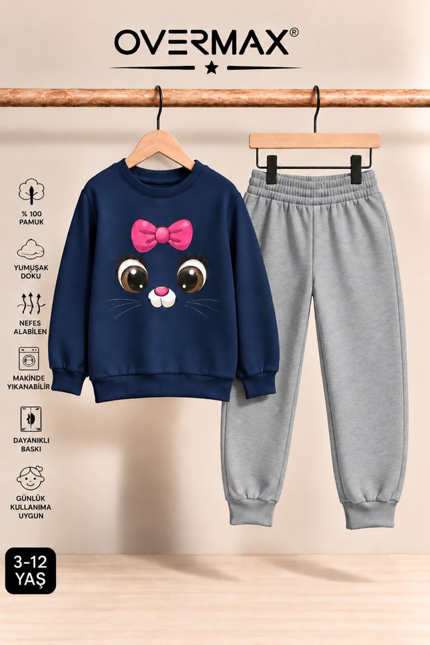 Girl's Hoodless Kitten Face Printed Tracksuit Set - Ages 3-12