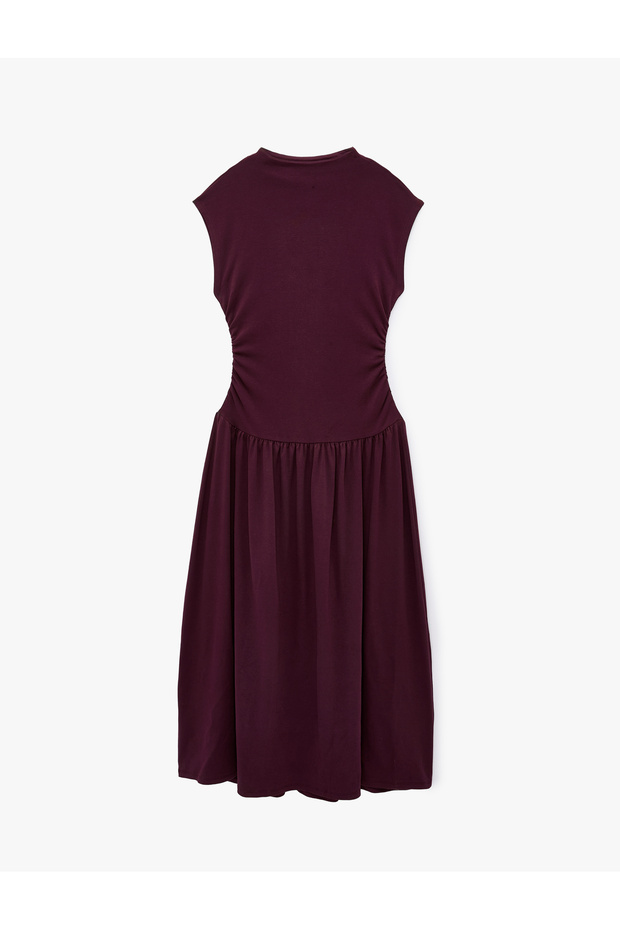 Slim Fit Ribbed Cotton Lightweight Stand Collar Low Waist Sleeveless Midi Dress