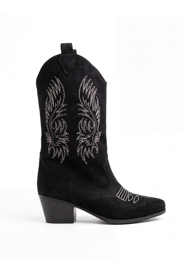Women's Black Comfortable Fit Laser Patterned Heeled Boots