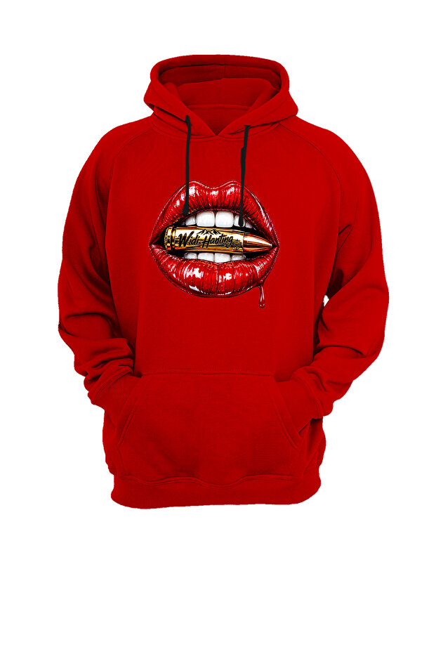 Widi and Lip Printed Special Design Black Hoodie Sweatshirt