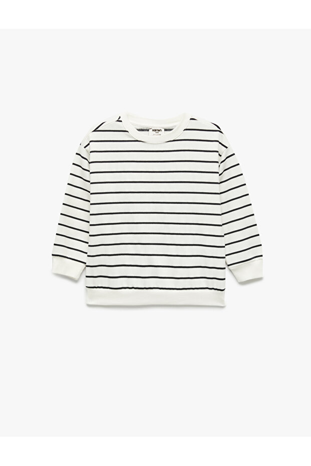 Cotton Raised Long Sleeve Crew Neck Striped Sweatshirt
