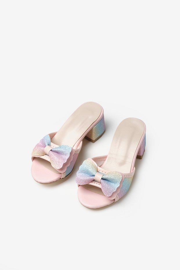 Multicolored Rainbow Glitter Bow Girls' Heeled Slippers