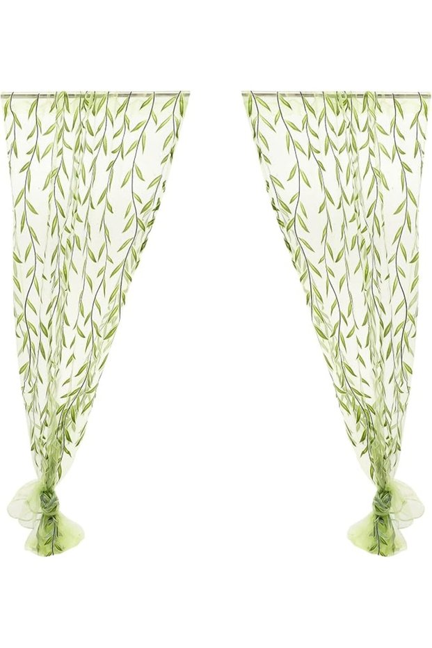 Green Willow Leaf Voile Curtains Boho Sheer Light Filtering Drapes with Vine Pattern, Rustic Rod Poc