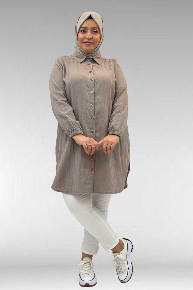 58091 Plus Size Muslin Shirt with Elastic Sleeves - Mink