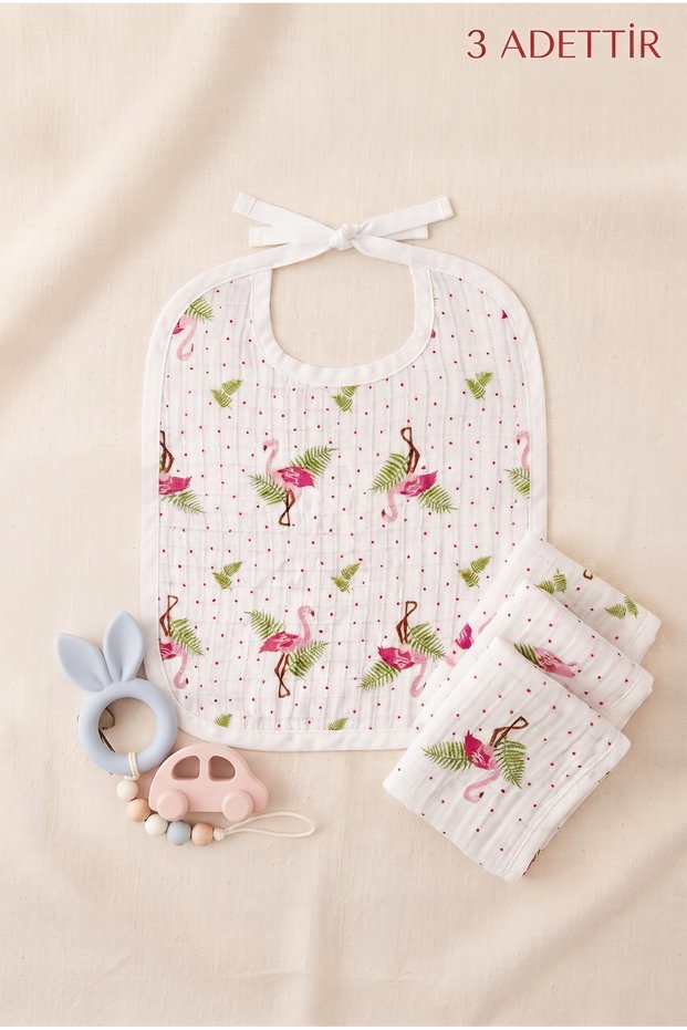 3 Pieces of Muslin Baby Bibs, 100% Cotton, Two Layers, Flamingo Pattern