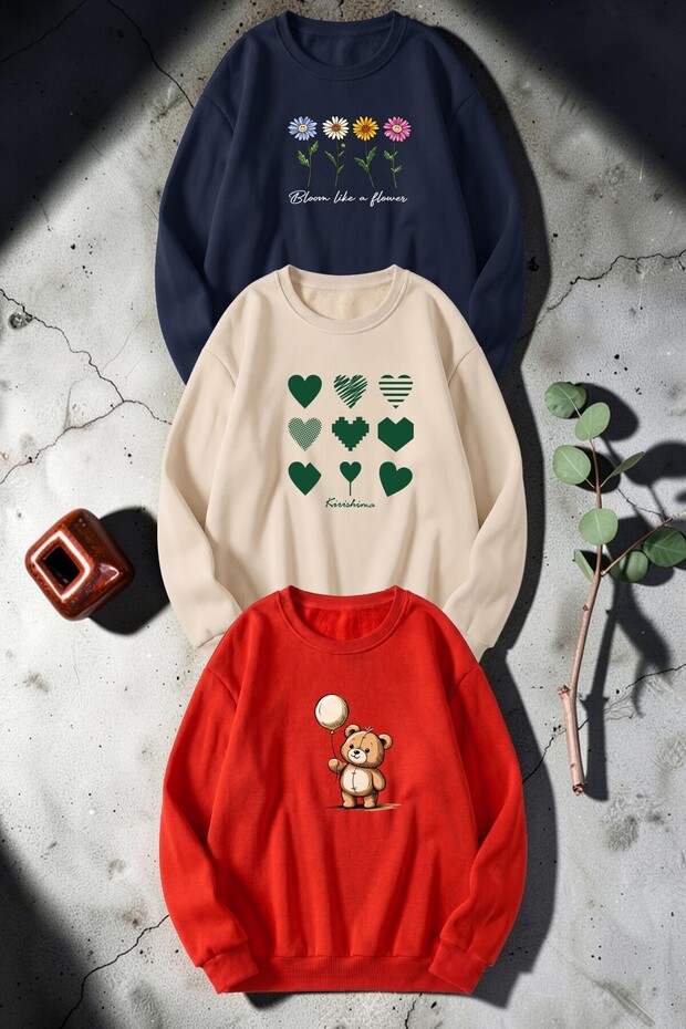 Unisex Mixed Printed Crew Neck Sweatshirt Set – Pack of 3
