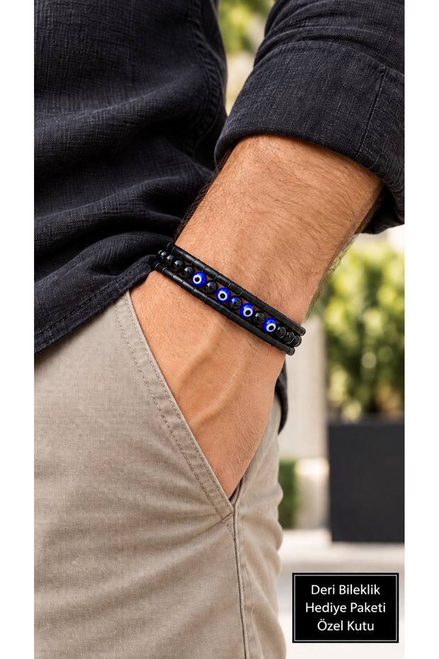 Elarenzo Bluemark Black Leather Men's Bracelet - Blue Evil Eye Beaded Braided Design