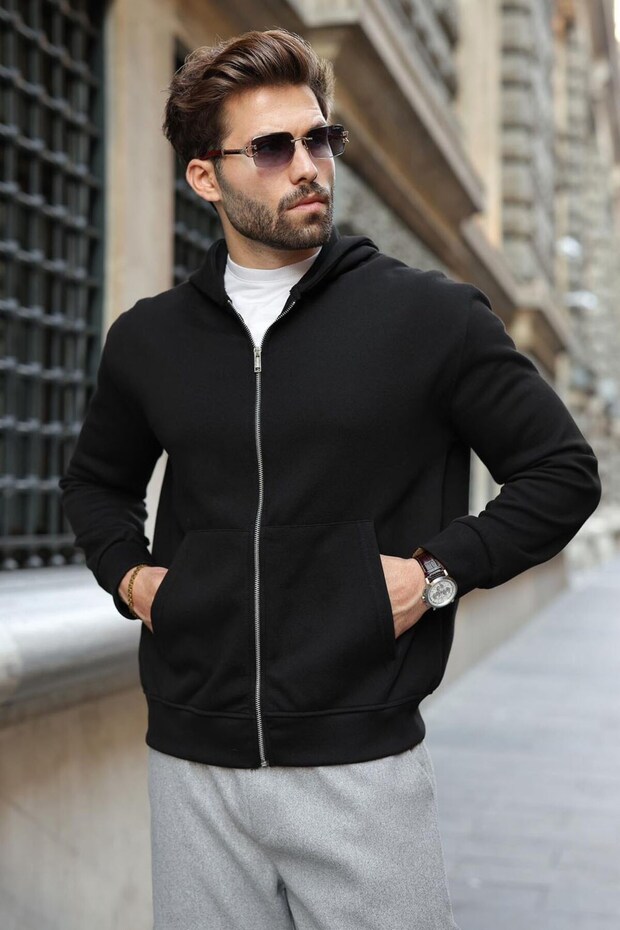 Black Hooded Basic Men's Cardigan with Zipper Pockets E7217