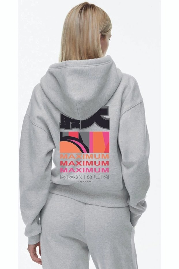 Unisex Gray Maximum Back Printed Hooded Sweatshirt Printed Premium Oversize T-Shirt