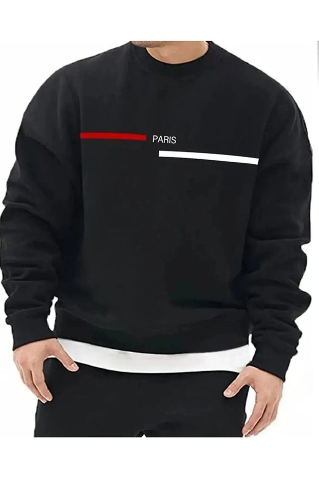 Unisex Black Paris Printed Crew Neck Sweatshirt Printed Premium Oversize T-Shirt