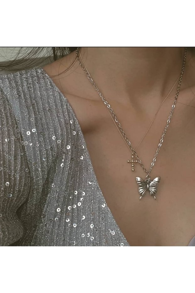 Xuping Butterfly Figured Necklace – Antique Silver Color Tarnish-Resistant Steel Double Fairycore Women's Necklace