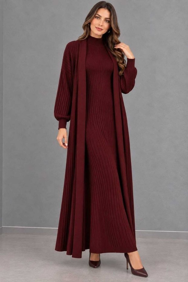 Women's Standing Collar Long Dress and Cardigan 2-Piece Knitwear Set