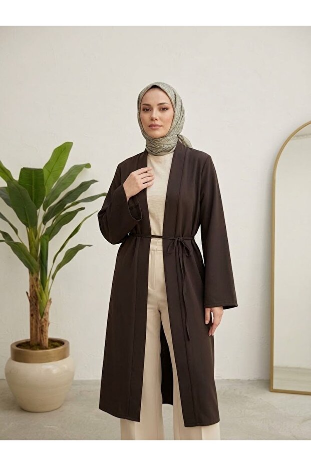 Long Cardigan with Front Band - Brown