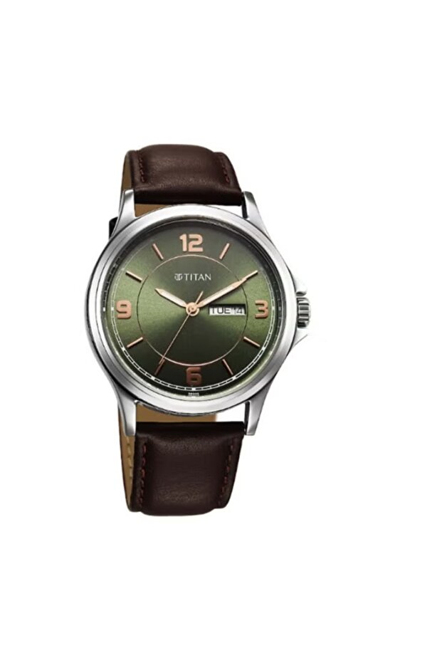 Neo Arabic Analog with Day Date Green Dial Brown Leather Strap Watch for Men