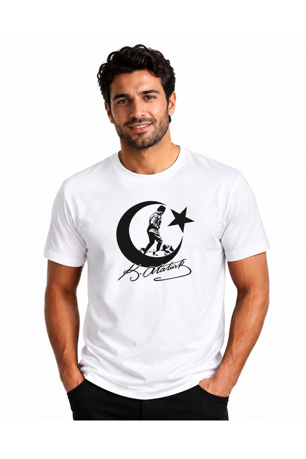 Ataturk Ay Yıldız Signed Premium Unisex 100% Cotton White T-Shirt Black Print